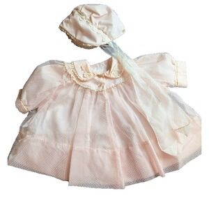 Vintage Betti Terrell Coat Girls 9 Mo Pink Swiss Dot Bonnet Classic Embroidered